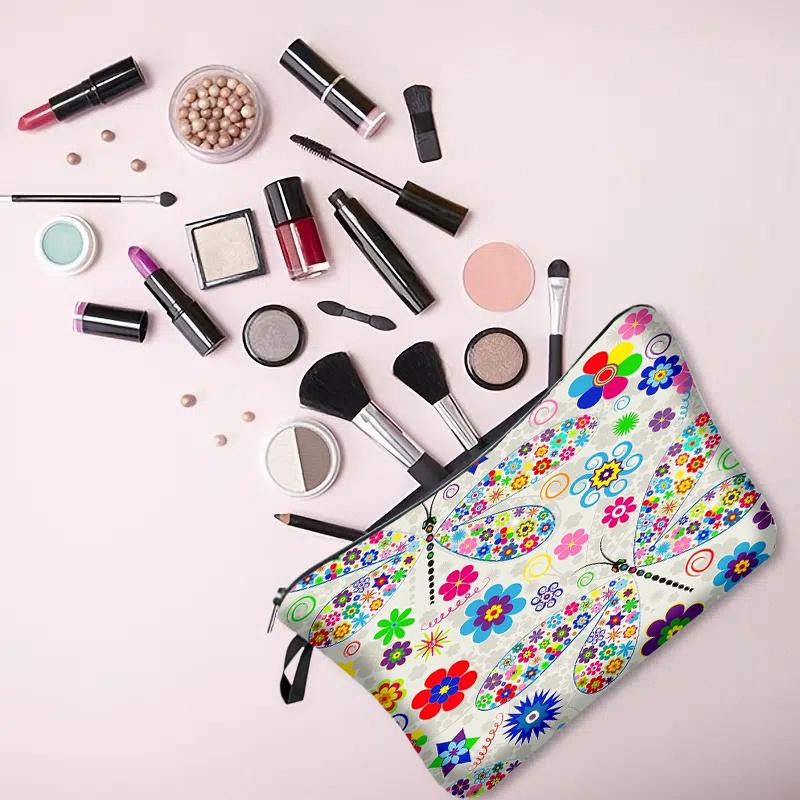 1pc Beautiful Dragonfly Flower Print Makeup Bags, Women Portable Travel Cosmetic Storage Bags with Zipper
