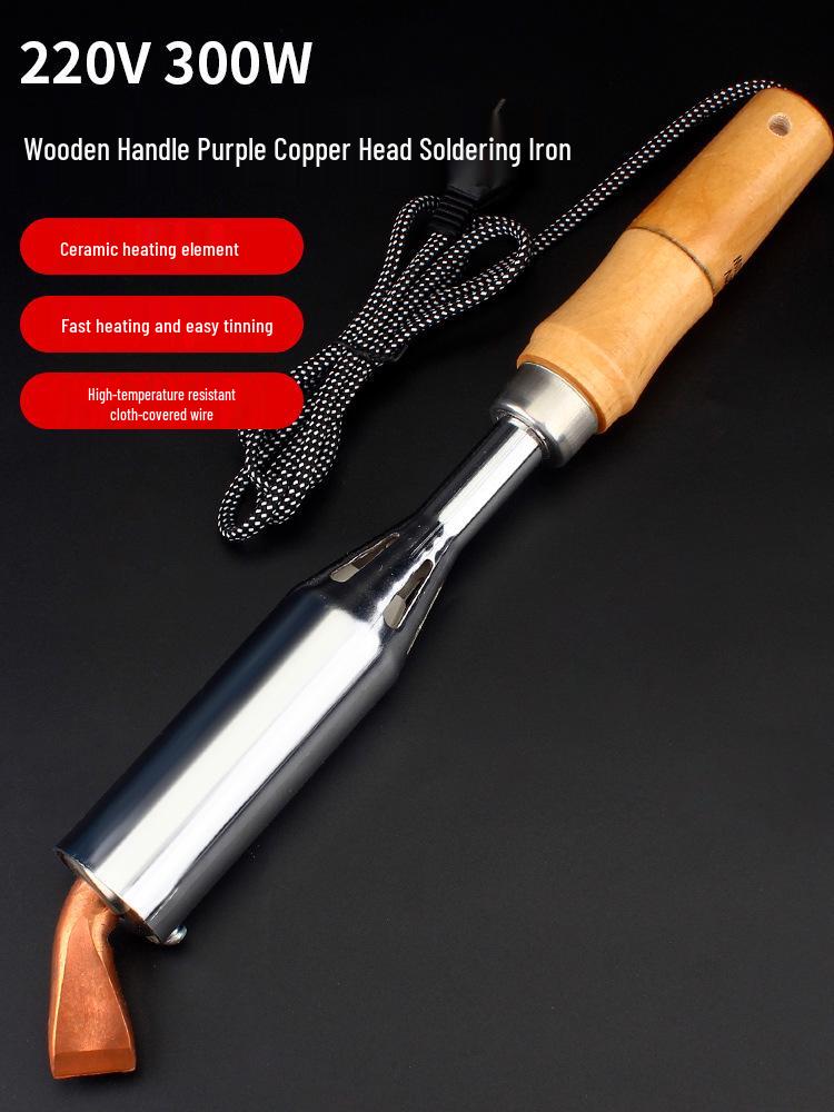 High-Power Electric Soldering Iron Set with Wood Handle - Purple Copper Bent Flat Tip for Household Electronics Repair.