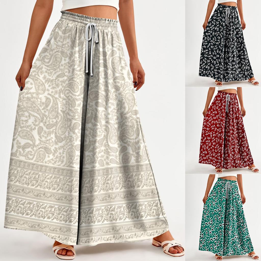 Women's Printed Wide Leg Pants With Pockets High Waist Drawstring Loose Casual Pants