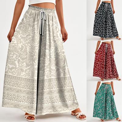 Damen Bedruckte Weitbeinige Hosen mit Taschen Hohe Taille Kordelzug Lockere Freizeit-Hosen