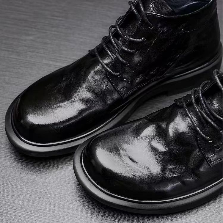 Men's shoes 2026 with plush cowhide high-end men's boots men's leather casual high top leather shoes short boots round toe soft