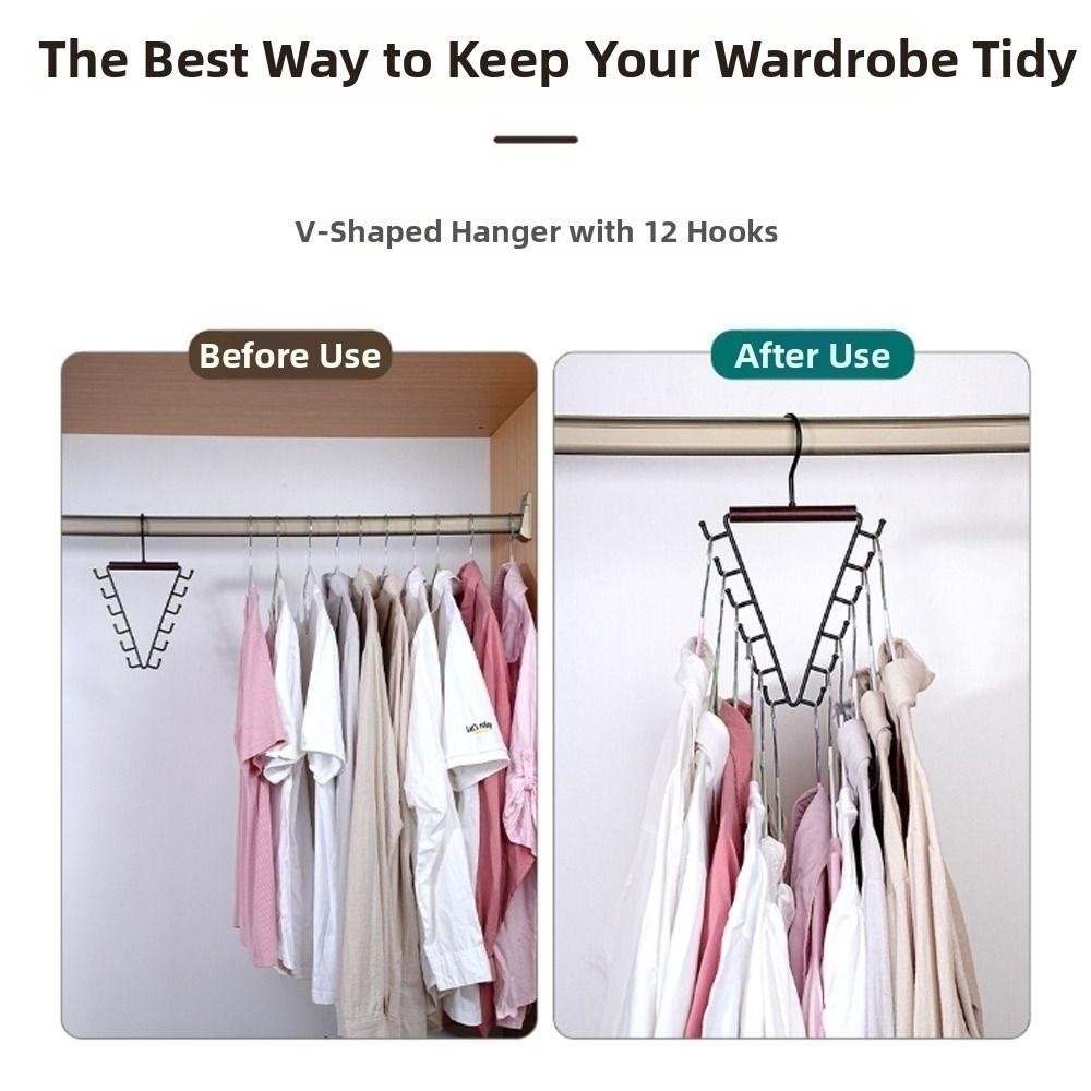 12 Hooks Clothes Storage Hangers’ 360° Rotating Wood Handle Laundry Hanger Thick Hooks Triangular Metal V-Shape Hook