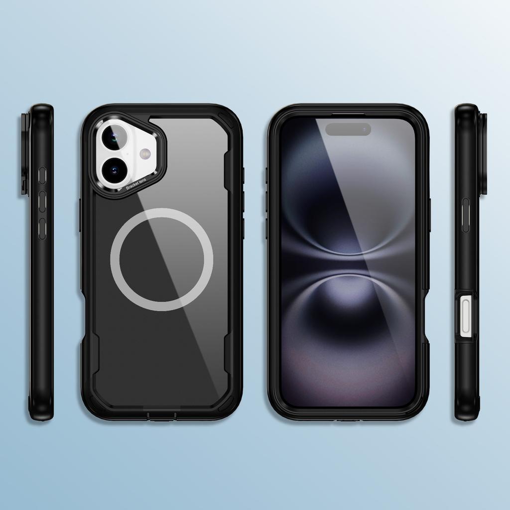 For iPhone 16 Case Compatible with MagSafe Lens Frame Kickstand TPU + PC Shockproof Phone Cover