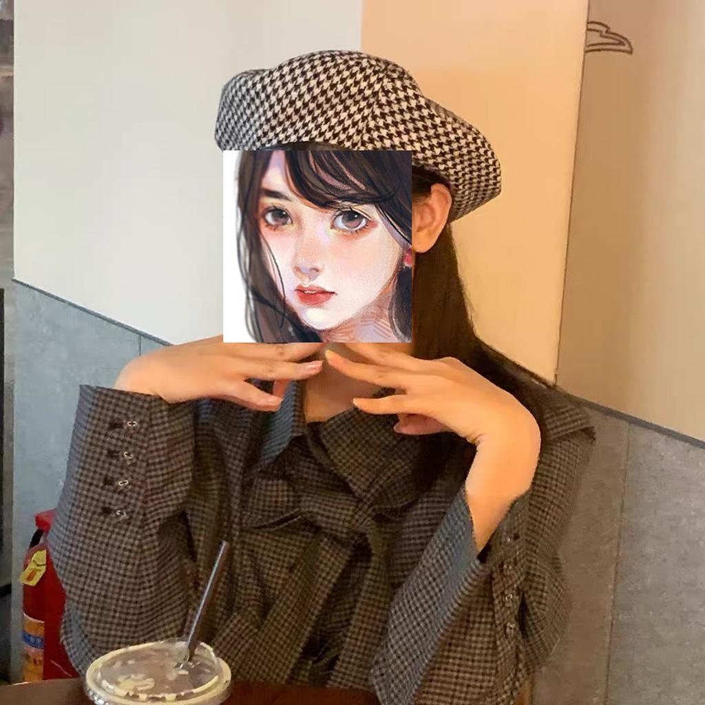 Hat Female Spring Autumn Thousand Birds Grid Octagonal Beret Ladies Warm Retro