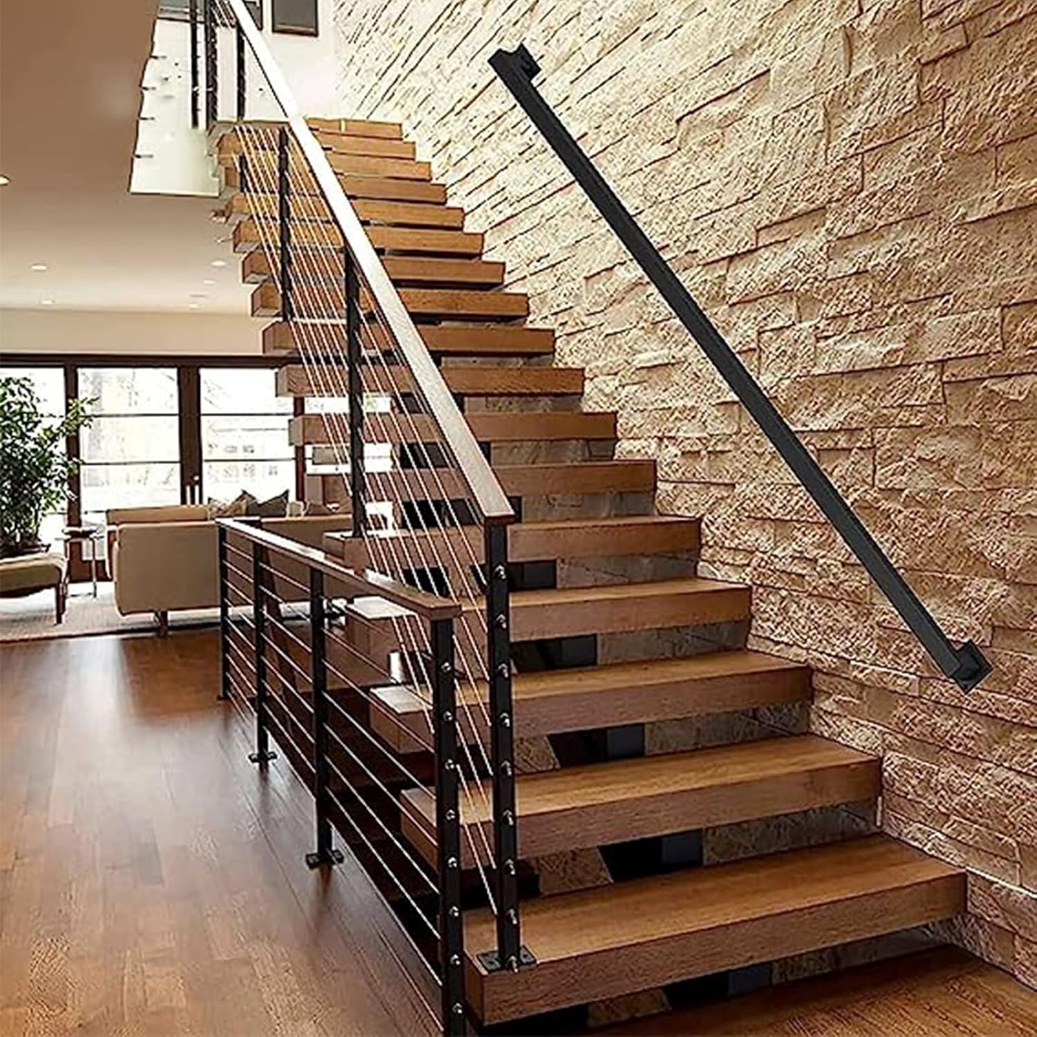 

Лестничные перила для наружных ступеней или внутренних лестниц, лестничные поручни из черного металла кованого железа с настенным креплением, современный поручень 1