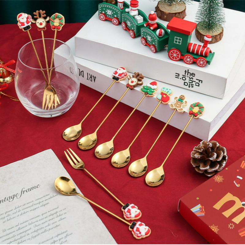 2025 Christmas Spoon and Fork Set Stainless Steel Creative Tableware Coffee Tea Dessert Spoon Spoons with Gift Box 6Pcs New