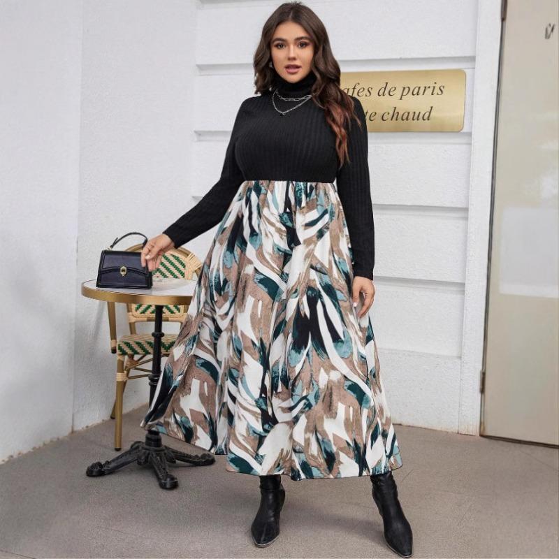 Plus Size Women's New Autumn Printed Color Matching High Neck Waist Dress