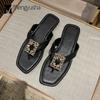 Fashion Luxury Rhinestone Buckle Flip Flops Woman Flats Heeled Slides Shoes Summer Cut-Out Slippers Home Ladies Clip Toe Sandals