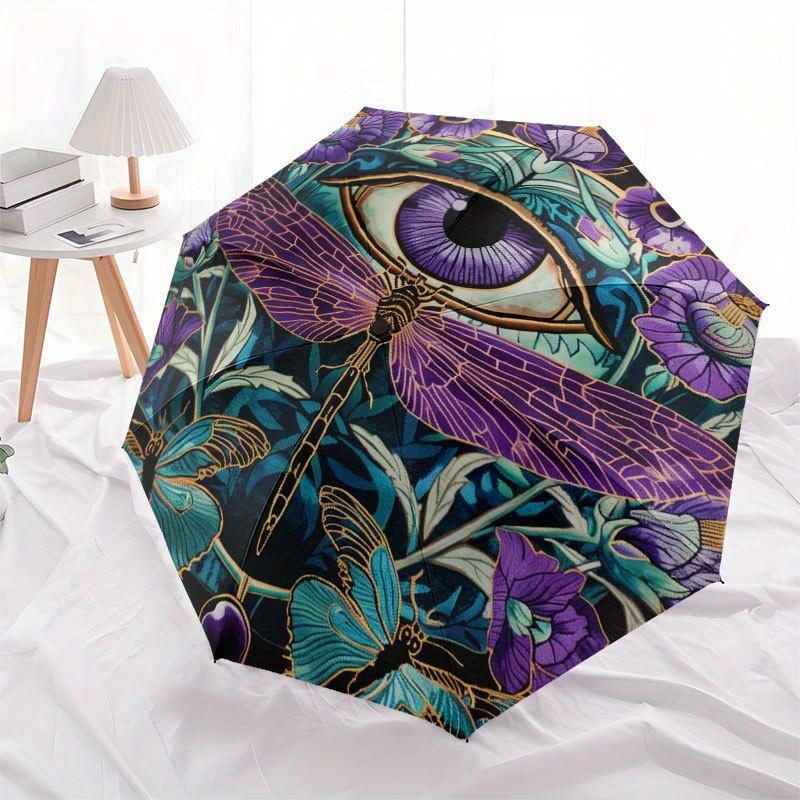 Enchanted Garden: Dragonfly & Eye Tapestry Umbrella, Cute Umbrella with Cute Design, Portable 3-Fold Compact Umbrella for Men & Women, Valentine's Day