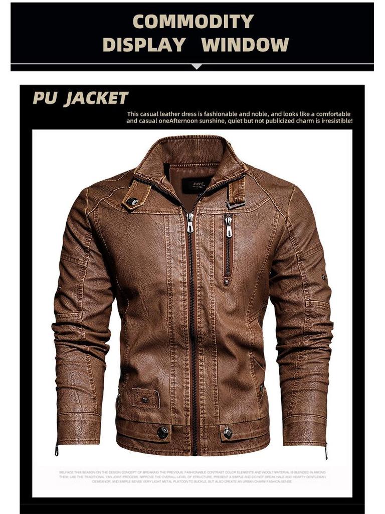 Herren Europäische & Amerikanische Slim Fit PU-Leder Motorradjacke mit Stehkragen und Plüschfutter