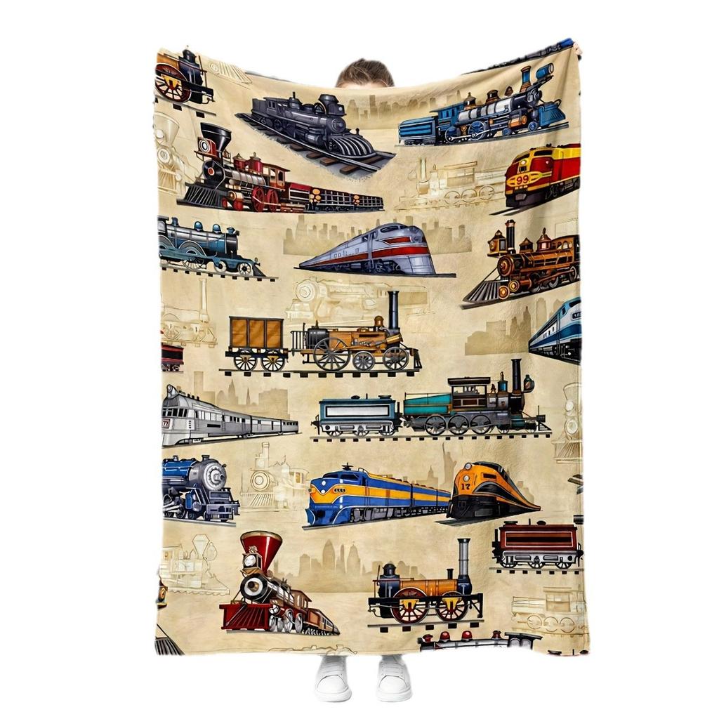 Retro train pattern digital-printed polyester Bedroom velvet flannel cover blanket Fleece soft sofa cover blankets for beds