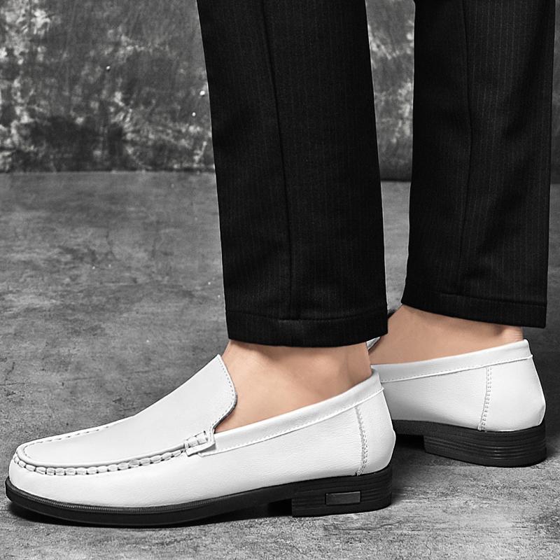 Genuine Leather Men Driving Shoes Breathable Hollow Out Lightweight White Casual Slip-On Shoes Walk Sneakers Business Work Shoes