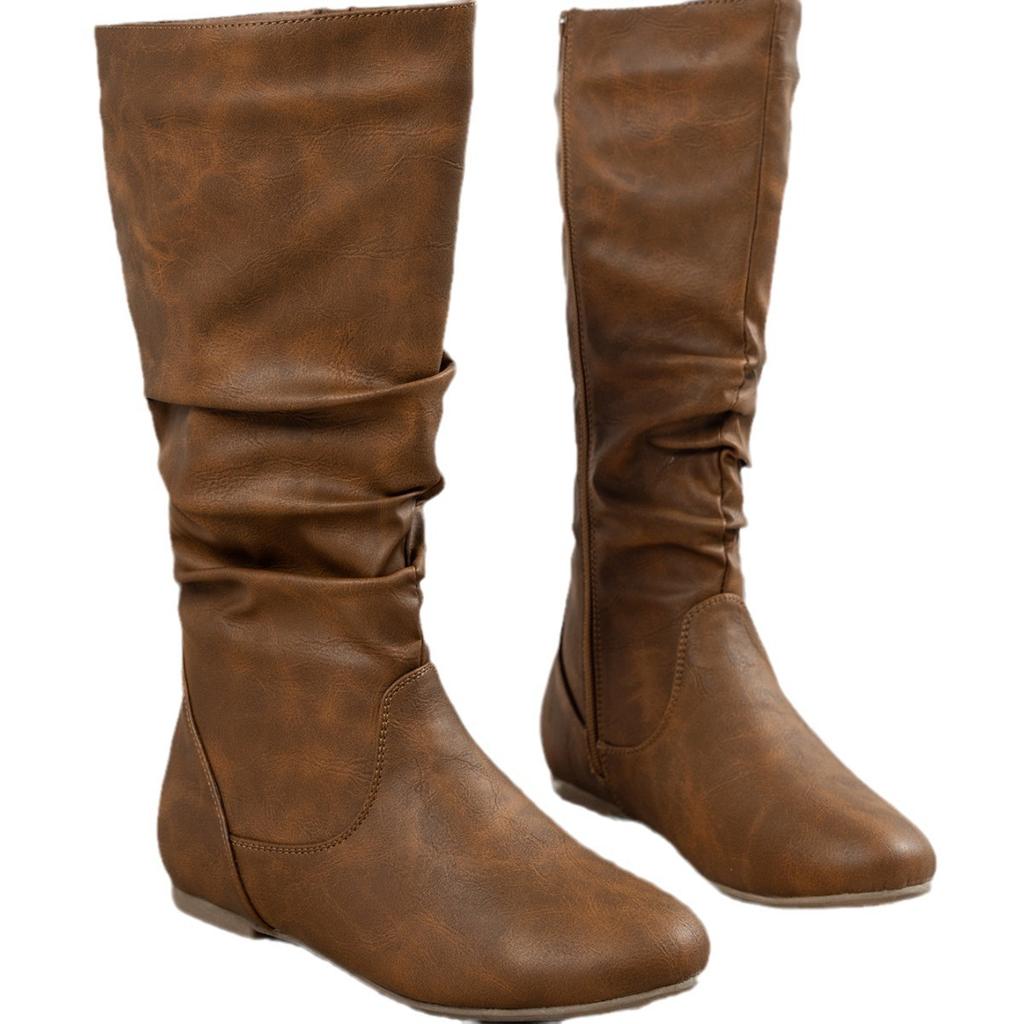 Große Größe Mittelhohe Stiefel Damen Seitenreißverschluss Gefaltete Stapelstiefel Flache Westernstiefel Cowboystiefel