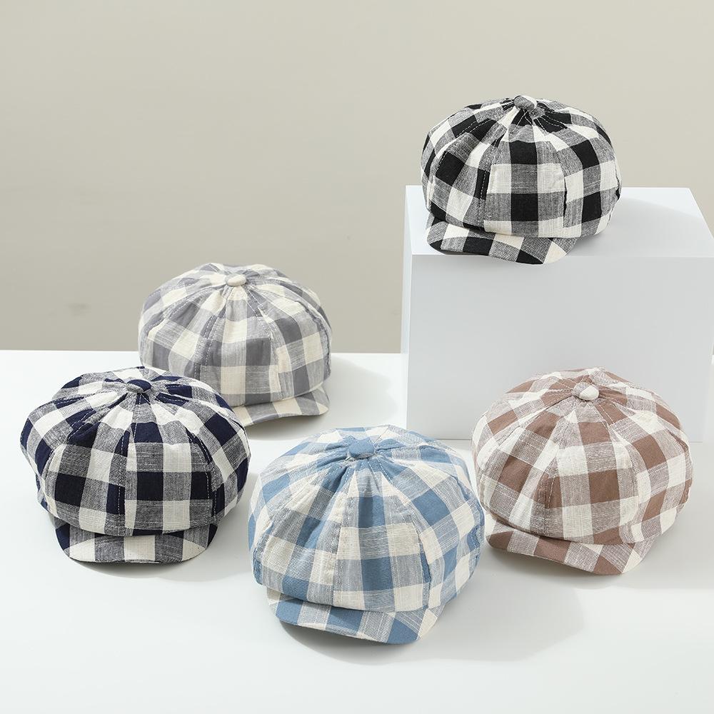 New Children's Plaid Front Hat Spring and Autumn Retro Baseball Cap Painter Hat Baby British Breathable Outdoor Beret