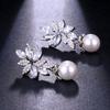 Silver Flower Zirconia Pearl Dangle Earrings for Women