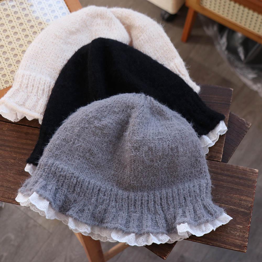 Lace Trim Knitted Fisherman Hat Yarn Beanie Hat Retro Women Bucket Hat  Holiday