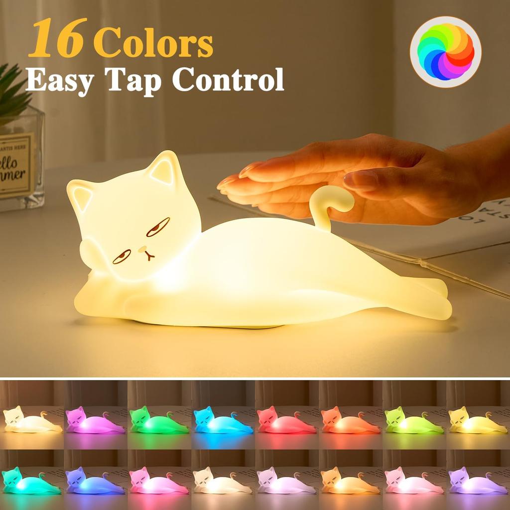 Flach liegende Katzenlampe Lustige Geschenke, 16 Farben+5 Dimmstufen+Silikon Zufällige Sachen, Touch+Fernbedienung+Wiederaufladbares Nachtlicht, Einzigartige Coole Lampe, Niedliche Seltsame Sachen,
