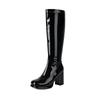 Women's Tall Boots Glossy Patent Leather Round Head Waterproof Table Thick Sole Thick Heel High Heel Side Zipper But Knee Boots Elastic