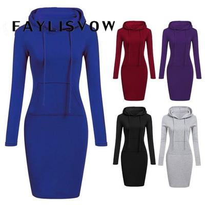 Düz Renk Kadın Uzun Kollu Cep Bodycon Kapşonlu Kazak Kapüşonlular Elbise