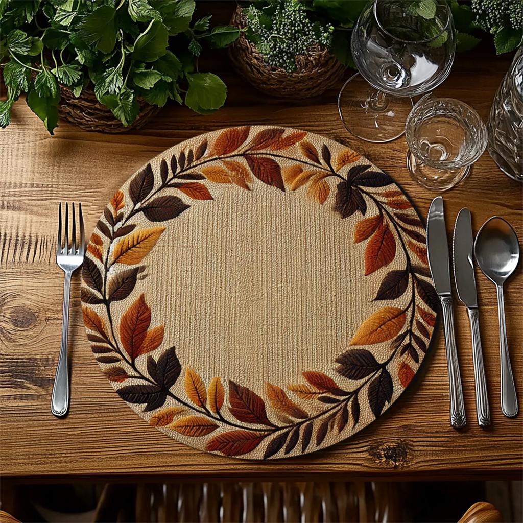 4PCS Autumn Leaf Wreath Design Round Placemats Kitchen Dining Room Decor Home Accents Heat Resistant Placemats