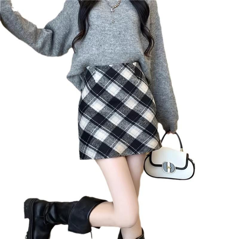 Autumn 2026 Women's Petite Plaid High-Waist Korean Bodycon A-Line Wool Skirt