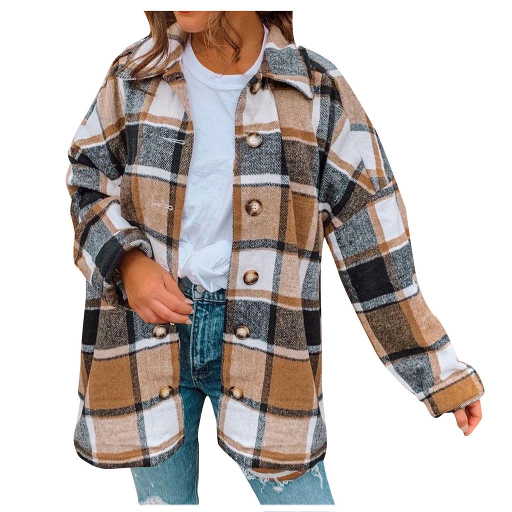 Women Fashion Lattice Lapel Button Casual Long Sleeve Loose Overcoat Coat