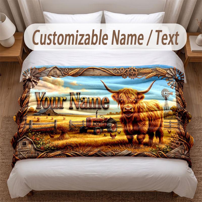 Highland Cow Theme Soft Blanket Personalized Custom Name Text Print Warm Blanket Home Sofa Bedroom Decor