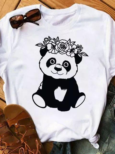 Maycaur Sommer Damen T-Shirt Lockere Oberteile Niedlicher Panda Herz Druck Kurzarm Weiblich Locker Lässig T-Shirt Damen Oberteil Tee