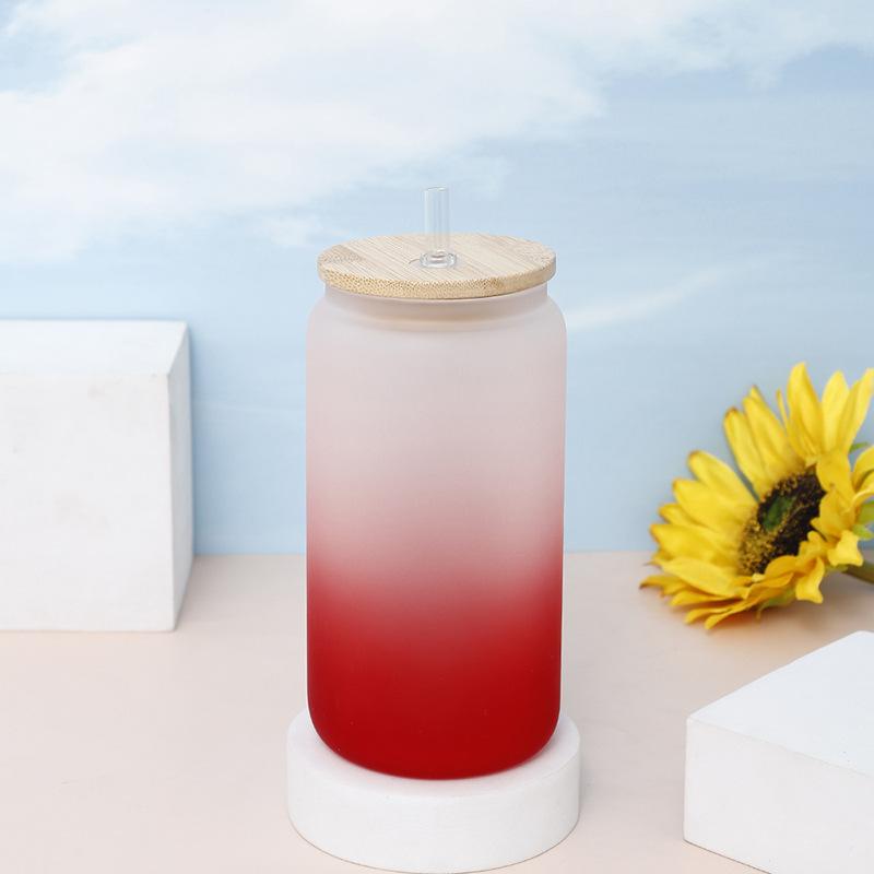 16oz Water Bottle with Straw Juice Glass Beer Can Gradient Color Milk Mocha Cup with Bamboo Wooden Lid Household Drinking Cups