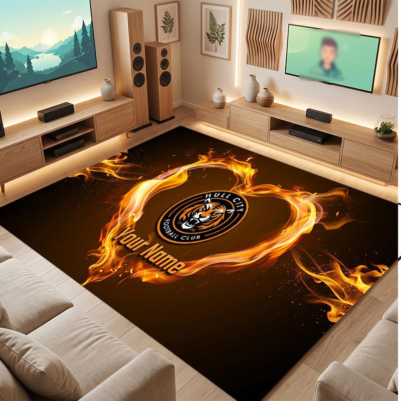 Hull City Custom Crystal Velvet Rug, Personalized Name Text Print, Football Logo Soft Non‑Slip Floor Mat Home Decor Gift