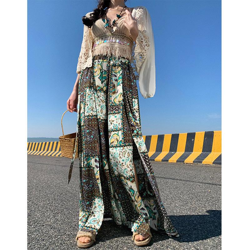 Bohemian Three-piece, Women's Seaside Vacation Fringed Sling Vest Bikini with Split Wide-leg Pants