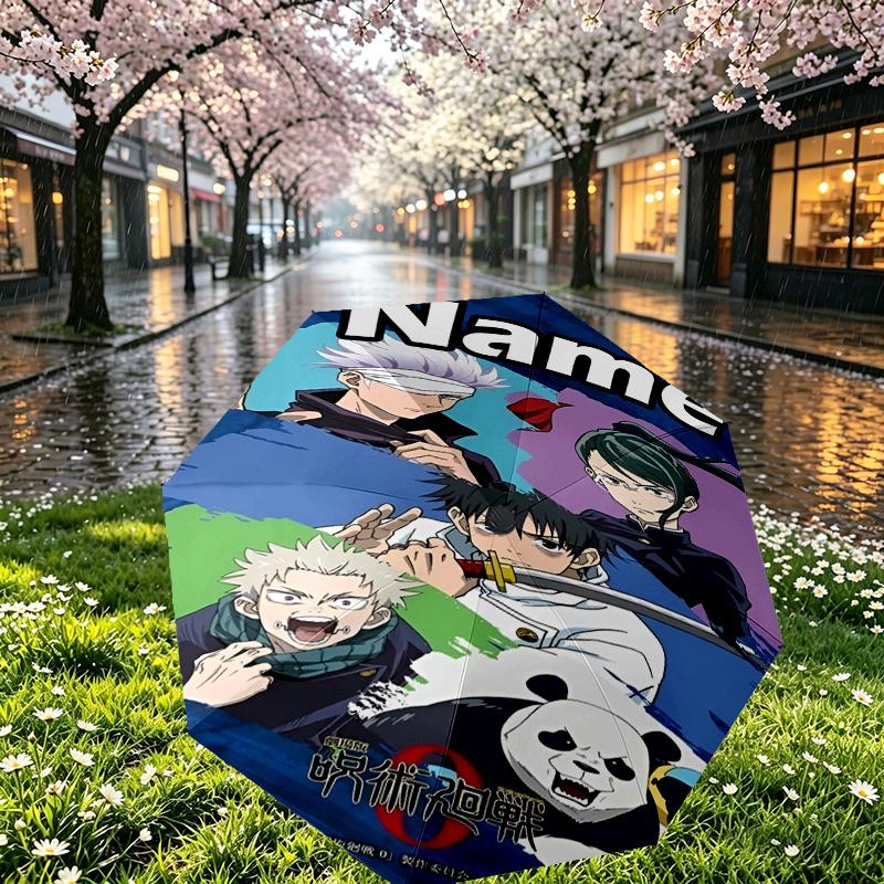 Custom Name Personalized Jujutsu Kaisen Print Umbrella, Auto Open Close, 8‑Rib Sturdy Frame, Commute Camping Hiking Use, Birthday Gift