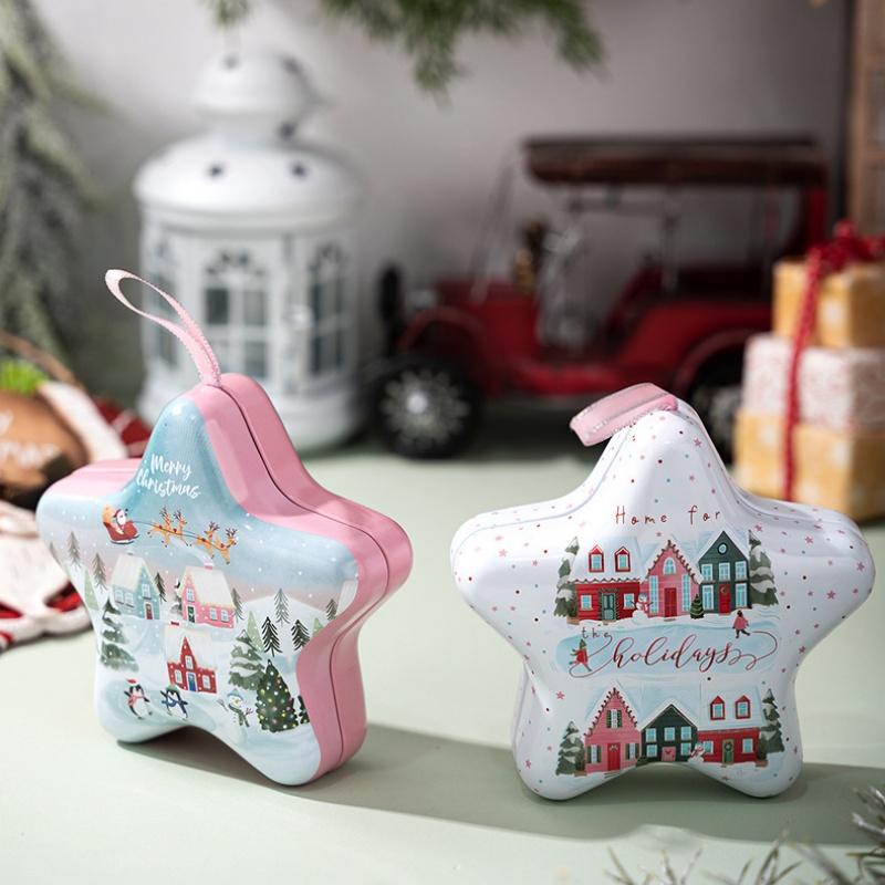 Christmas Tin Box Star Shaped Chocolate Cookies Candy Box With Hanging Rope Christmas Storage Box Ornaments Gifts