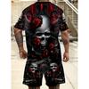 Men's Casual T-Shirt, 3D Digital Printing Skull Rose Elements, Two-Piece Set, Summer Sportswear Fashion