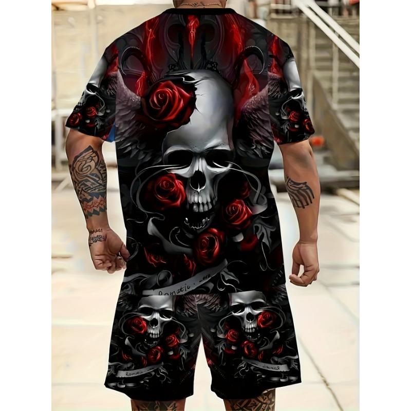 Men's Casual T-Shirt, 3D Digital Printing Skull Rose Elements, Two-Piece Set, Summer Sportswear Fashion