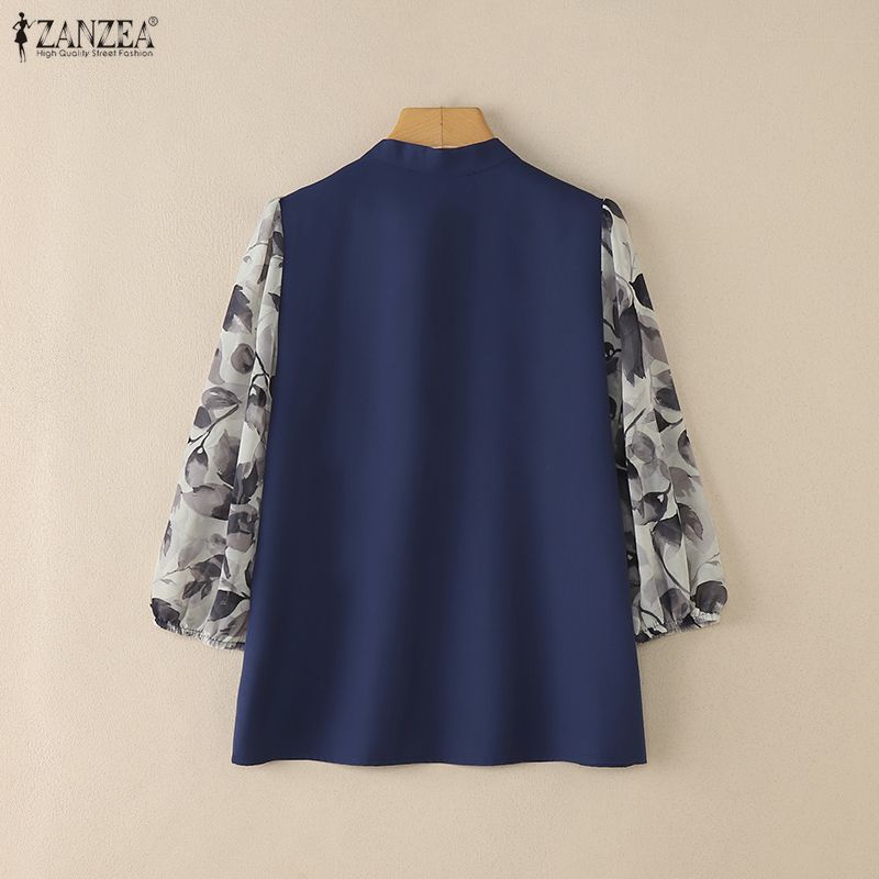 ZANZEA Women Bows Collar Casual Splice 3/4 Sleeve Loose Blouse
