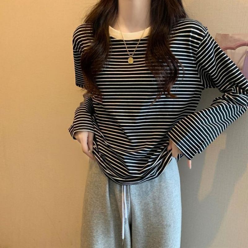 Women Plus Size Loose Striped Long Sleeve Casual Bottoming T Shirt