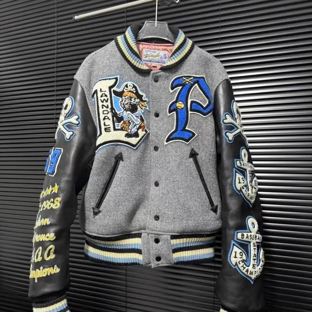Tide Brand AC Milan Embroidered Leather-Sleeve Versatile Baseball Jacket