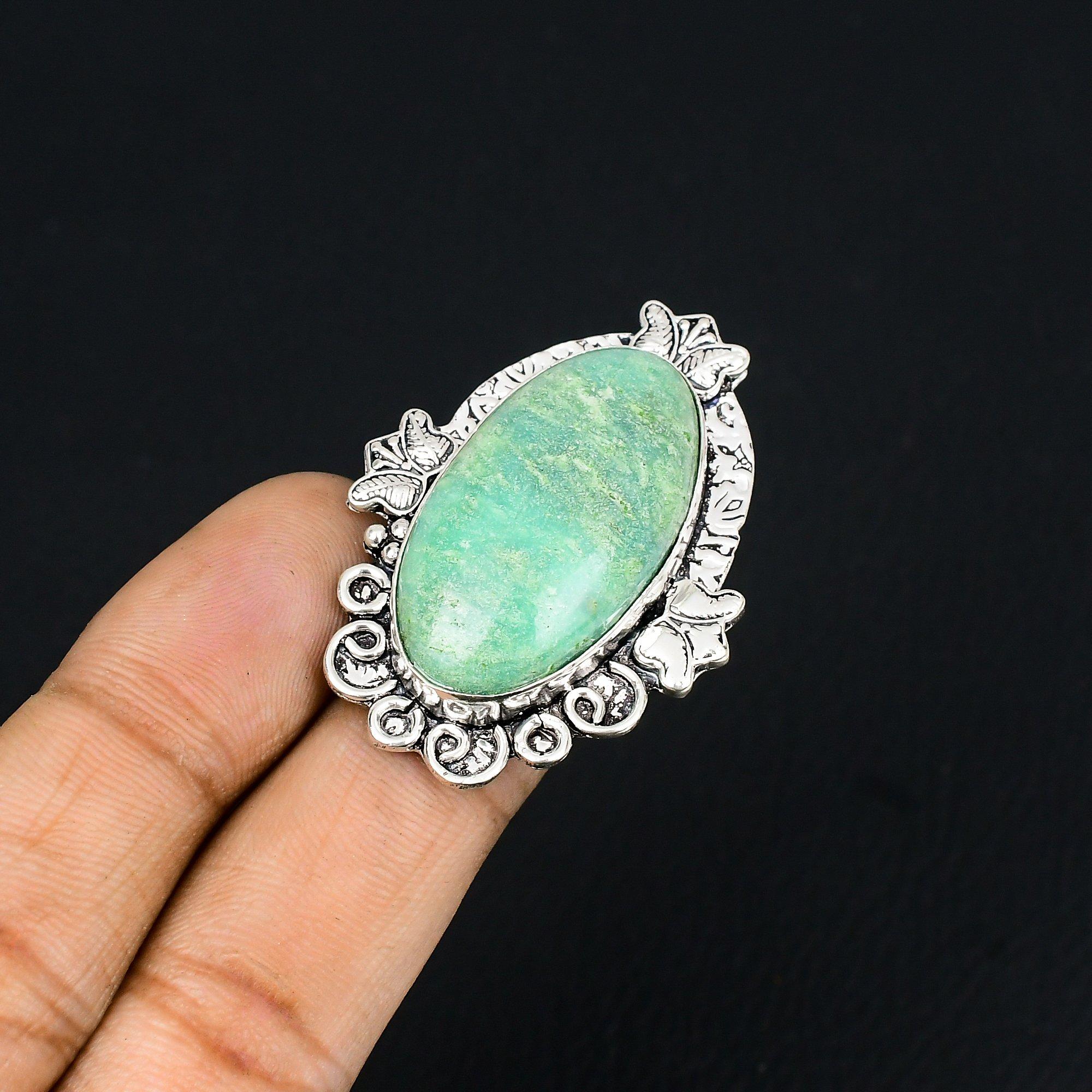 

925 Silver Chrysoprase Stone Mother Handcrafted Statement Ring Jewelry US 6.5 6.5
