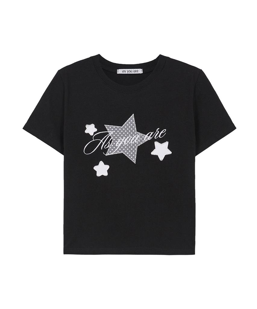 Aejeuyua Star Patch Loose Crop T-Shirt Black