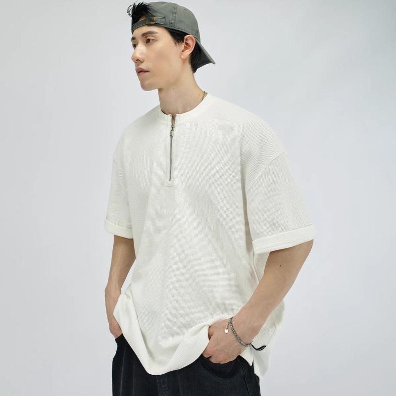 American retro waffle half zipper solid color short-sleeved T-shirt men's summer simple loose casual half-sleeved top