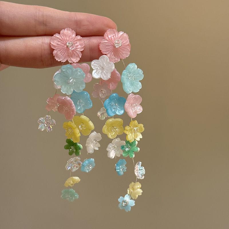 Vintage kontrastierende Blumen Perlen Quasten Ohrringe Sommer süßes Mädchen Herz Ohrringe Reise Foto Urlaubsstil Ohrringe