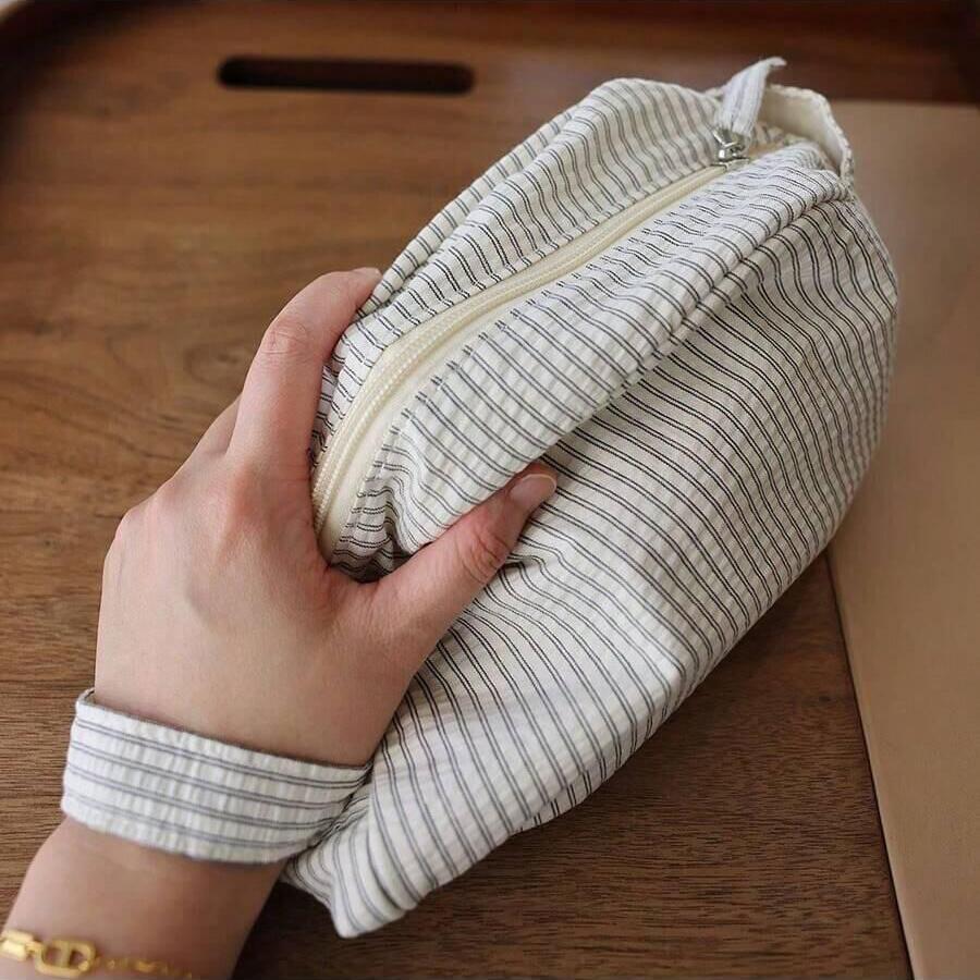 Klassische gestreifte tragbare Kosmetiktasche mit großem Fassungsvermögen aus Baumwollleinenstoff, dunkler Reißverschluss, Reise-Aufbewahrungstasche für Hautpflege