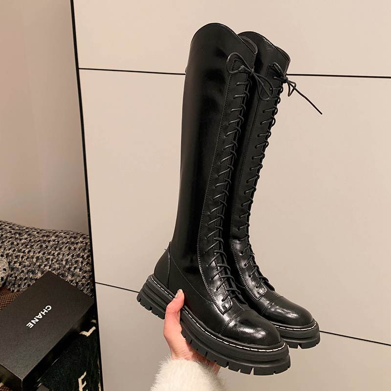 Krazing Pot Buty Jesienno-Zimowe ze Skóry Naturalnej Europejski Design Średnie Obcasy Kozaki Jeździeckie Kobiety Utrzymują Ciepło Kozaki do Uda