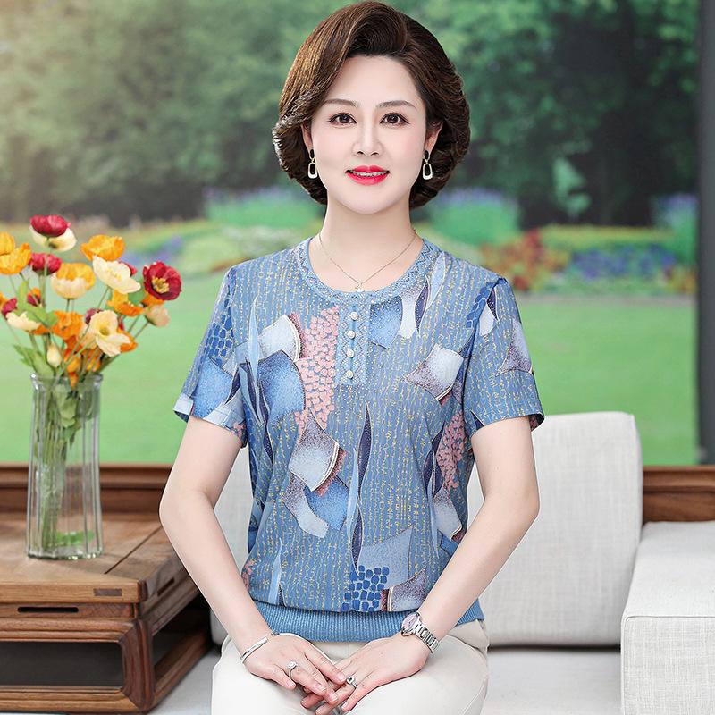 Mother's Ice Silk Round Neck Short-Sleeve Summer T-Shirt: Plus Size Lightweight Top for Women Aged 40-50
