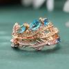 Vintage Inlaid Sea Blue Pink CZ Women's Ring Creativity CopperColor Hand Carving Leaf Daily Wear Party Jewelry Anniversary Gift