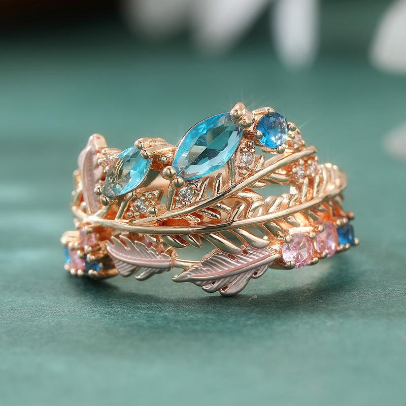Vintage Inlaid Sea Blue Pink CZ Women's Ring Creativity CopperColor Hand Carving Leaf Daily Wear Party Jewelry Anniversary Gift