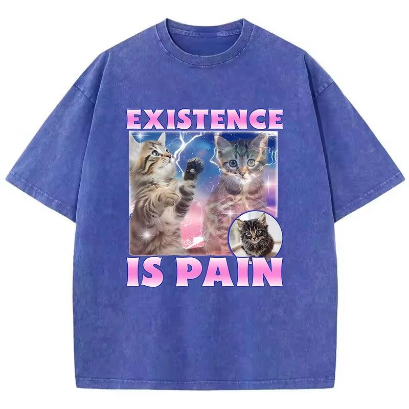 Existence Is Pain Cat T Shirt Vintage Washed 100% Cotton T-Shirt Graphic Tee Casual Streetwear for Spring Summer Fall