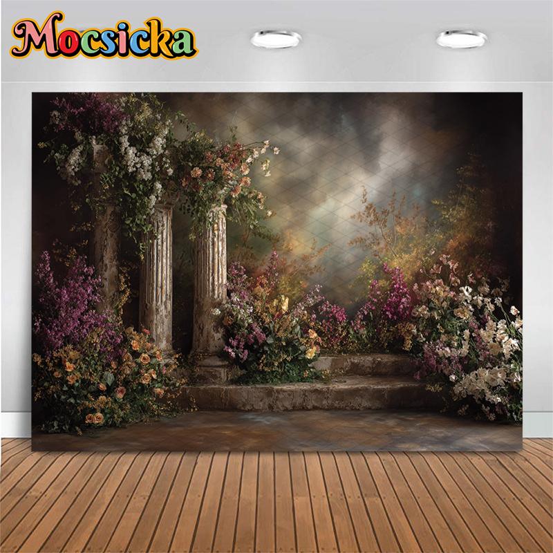 Mocsicka Vintage Floral Greek Column Backdrop Renaissance Oil Painting Photography Background Bridal Portrait Wedding Photoshoot