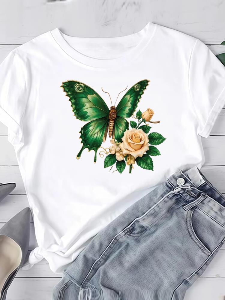 (Asian Size) Watercolor Flower Cute Short Sleeve Tee Clothing T Shirt Woman Women Fashion Top Print Female Graphic T-shirts